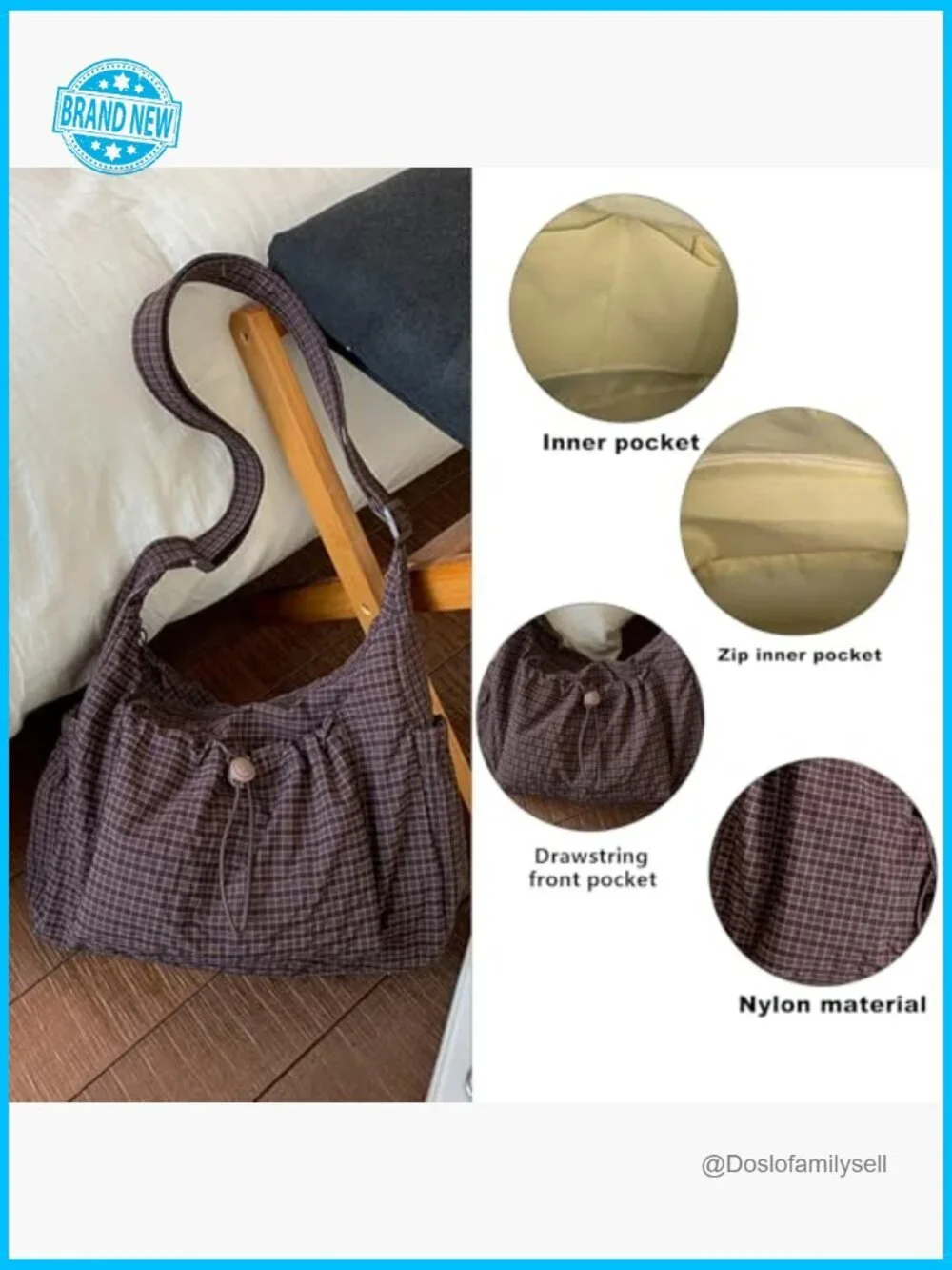 Plaid Hobo Crossbody Bag Lightweight Nylon Casual Commuting Shoulder Purse